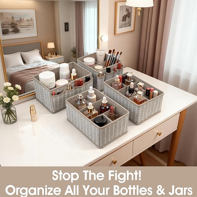 VERONLY Cosmetic Storage Bins Makeup Organizer, Adjustable Multifunction Storage Box Desk Drawer Divider for Makeup Brushes, Bathroom Countertop or Dresser, Set of 4 (Grey)