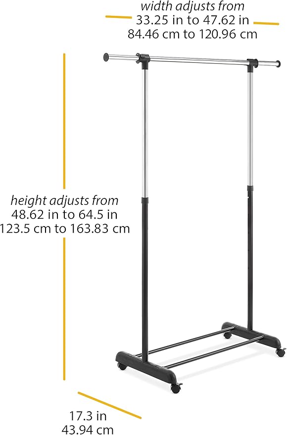 Whitmor Adjustable Rolling Clothes Organizer Chrome Garment Rack, Black and Silver