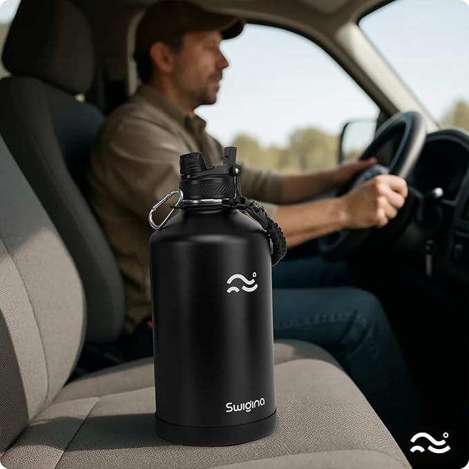 Swigina [2-IN-1 LID] Gallon Insulated Water Bottle with Silicone Boot (48hrs Cold/24hrs Hot) - DIY Stickers, Leakproof, BPA Free, 128 oz