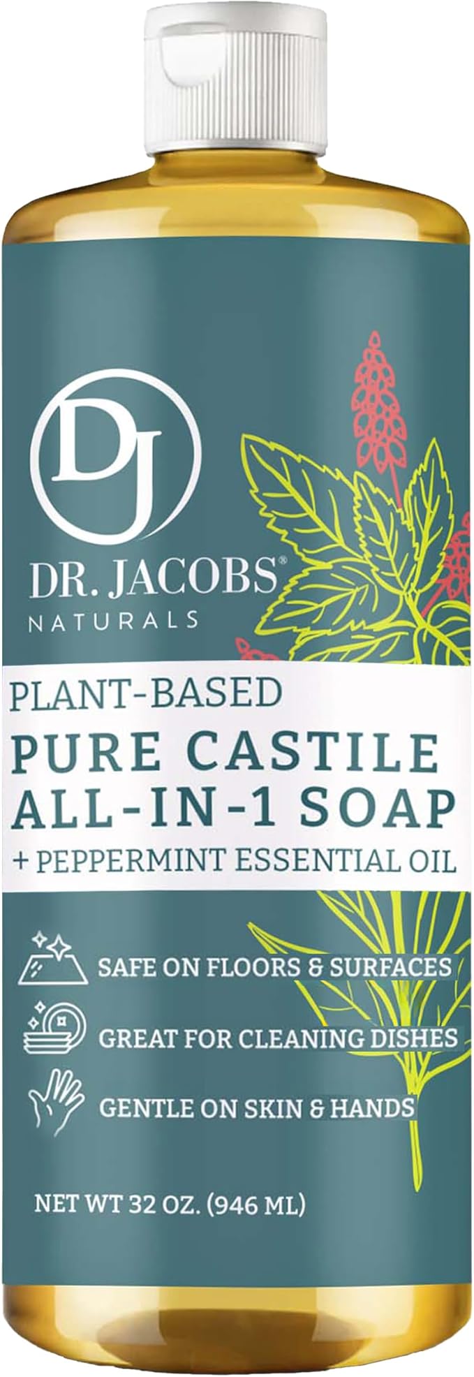 Dr. Jacobs Naturals Peppermint Castile All-in-One Cleaner and Soap - Plant-Based Formula for House Cleaning Floors and Appliances - Gentle on Skin and the Planet - 32 oz, 1 Pack