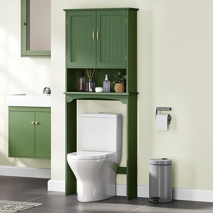 Yaheetech Over The Toilet Storage Cabinet, Over Toilet Cabinet with Adjustable Shelf, Bathroom Storage Organizer with Double Wood Doors, Green