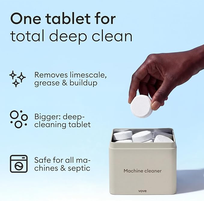 Vove Washing Machine Cleaner Tablet Starter Set, 12 Count with Reusable Storage Tin - Deep Clean Descaler for Odor, Residue and Hard Water - Enzyme and Oxygen-Powered, Plant-Based Formula