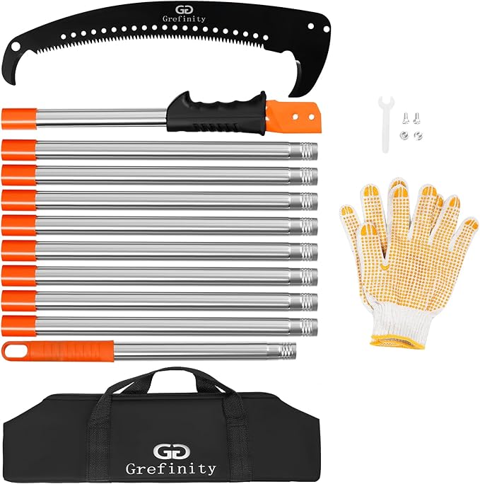 Manual Pole Saw for Tree Trimming, 14 FT Pruning Saw with 6-Section Stainless Steel Handle, Sharp steel Blade, Easy to Carry and Lightweight Extendable Design for Garden & Tree Maintenance