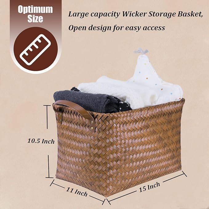 BROWNLILY Handwoven Clothes Basket Laundry Hampers Large Wicker Storage Baskets for Shelves Blankets Closet Storage Bins Car Bedroom Bathroom Organizers and Storage Bath (6, Brown)