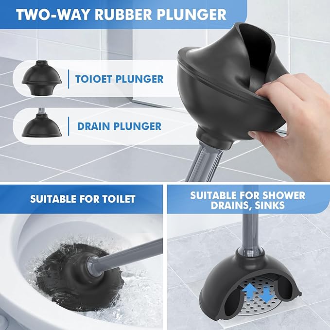 Toilet Plunger and Brush with Holder, Bowl Brush and Heavy Duty Toilet Plunger Set with Ventilated Holder, 2-in-1 Toilet Brush and Plunger Combo for 5.3-inch Toilet Drain New Pack (Grey, 1)