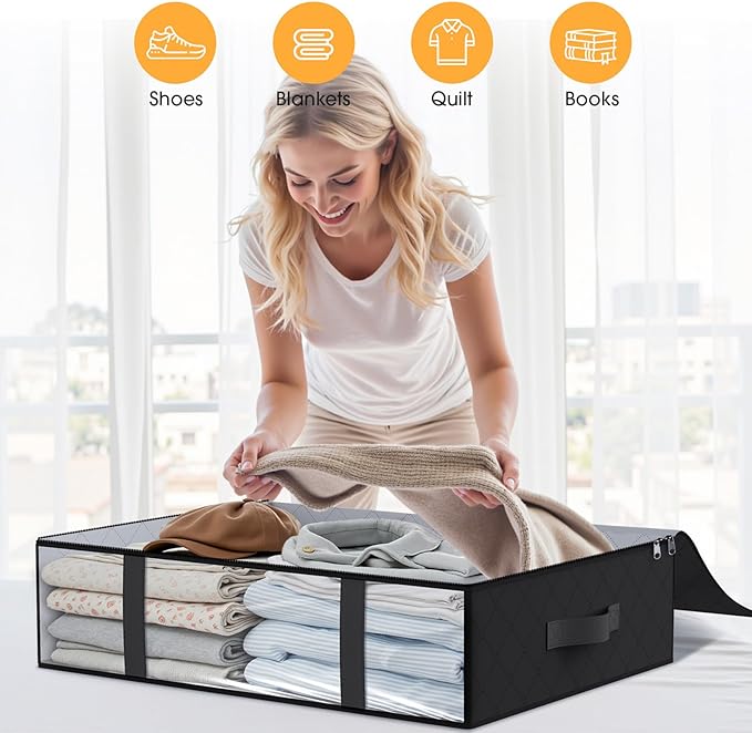 StorageRight Under Bed Storage Bags 8 Pack, 40L Large Clothes & Comforter Storage Containers with Clear Window, Breathable Fabric Organizer for Blankets, Bedding, Seasonal Clothing, Black