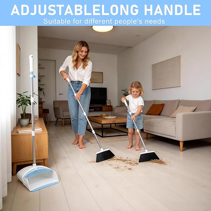 Broom with Dustpan Combo Set for Home 54-in Long Adjustable Handle Angle Broom and Dustpan Set with Dustpan Comb Teeth for Sweeping Pet Hair Food Dirt Kitchen