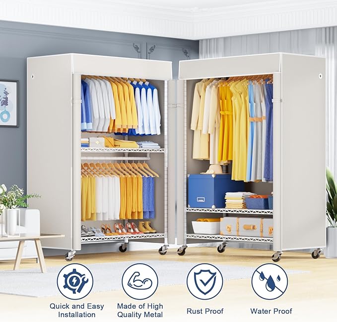 ULIFHOME P8C Pro Heavy Duty Clothes Rack（With Extended Width Design） Rolling Clothing Racks for Hanging Clothes with Lockable Wheels，42" W x 15.8" D x 80.5" H，Load 700LBS，White Rack with White Cover
