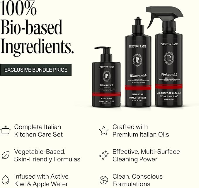 Preston Lane Luxury Kitchen Set – Hand Wash, Dish Soap & All Purpose Cleaner | Plant Powered Cleaning Essentials Bundle with Fine Fragrance, Winterwatch Scent, Vegan & Cruelty Free
