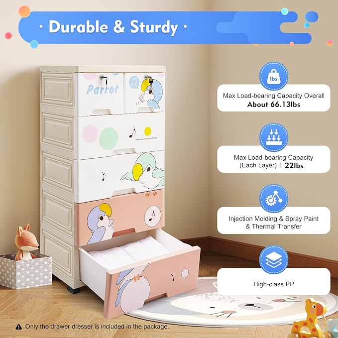 Rolling Parrot Plastic Dresser Storage Cabinet w/Lock, 6 Drawers Plastic Drawers Dresser Closet Drawers Tall Dresser Organizer for Clothes Playroom Bedroom Furniture, Multi-Color