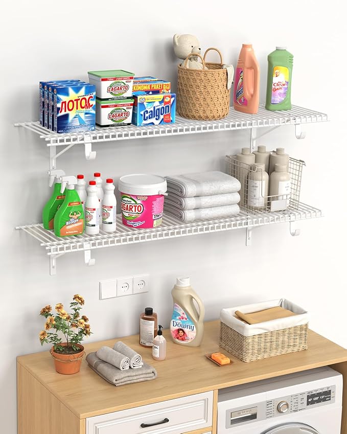 Supforce 4 Pack Closet Shelves with Triangular Brackets, 4FT X 12IN Wall Mounted Wire Shelving Orgnizer for Closet,Laundry Room,Load Up to 150lb, White