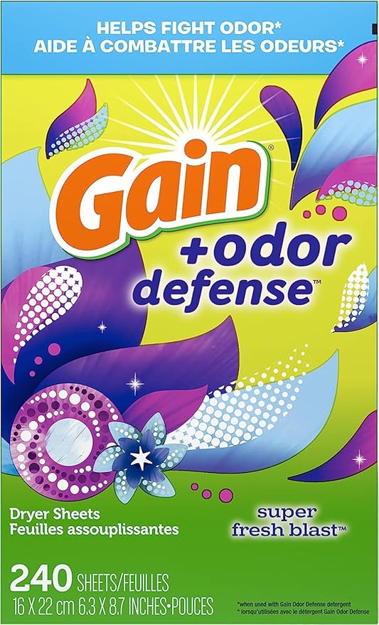 Gain Dryer Sheets Plus Odor Defense, Super Fresh Blast Scent, 240 Count, Helps fight static and odor, laundry sheets