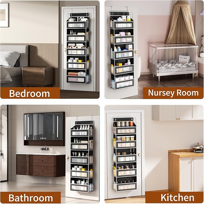Over The Door Organizer with 5 Large Pockets, Over the Door Storage 10 Side Pockets 44 lb Load Behind Door Storage, Door Organizer Hanging Shelf for Closet Wall Bedroom Bathroom Nursery, 5-Tier Black