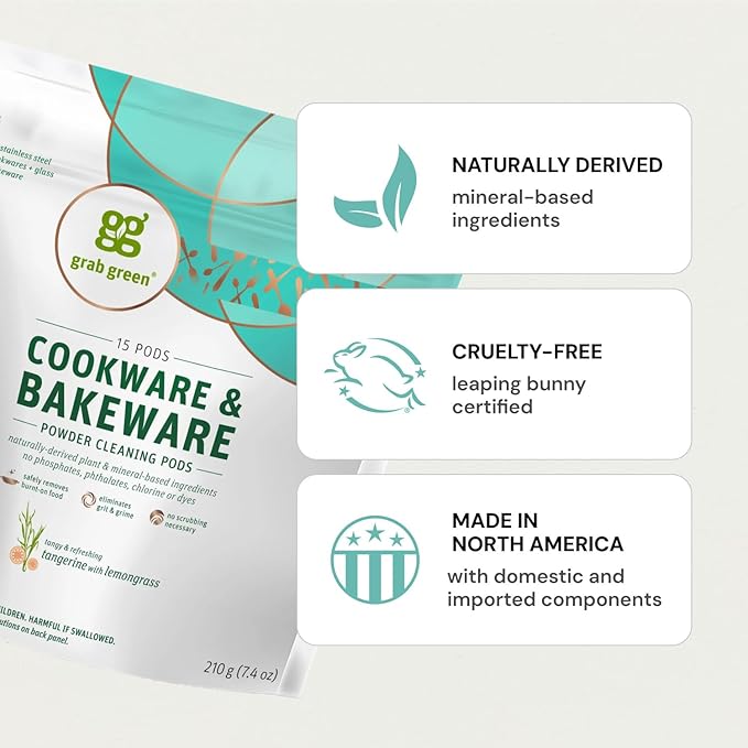 Grab Green Cookware and Bakeware Cleaner Pods, 4 Bags of 15 Pods, Tangerine Lemongrass Scent, Plant and Mineral Based, Removes Burnt-On Food, Eliminates Grit and Grime, No Scrubbing Necessary
