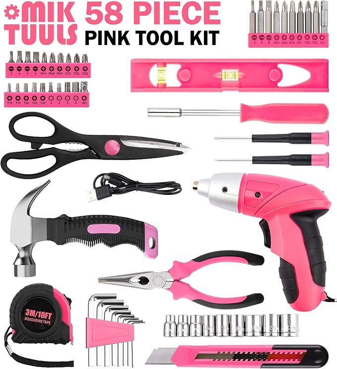 Electric Screwdriver 58pc Tool Set, Cordless & Rechargeable 3.6V Small Power Screwdriver Home Tool Kit Set with Compact Hand Box, Pink