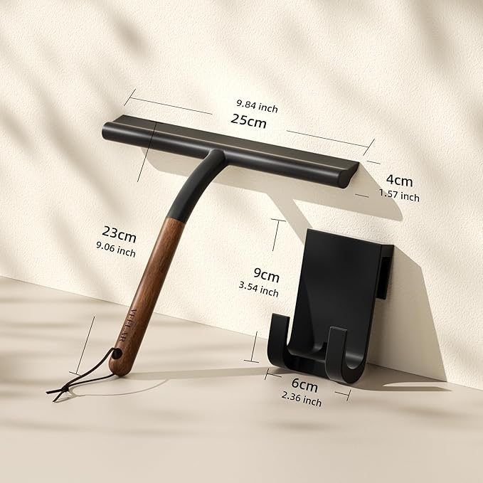 Shower Squeegee for Shower Glass, Bathroom Glass Cleaning Tool with Hook Mount, Squeegee for Glass Doors, Window Cleaning, Tile Shower Walls (Black+Wood)