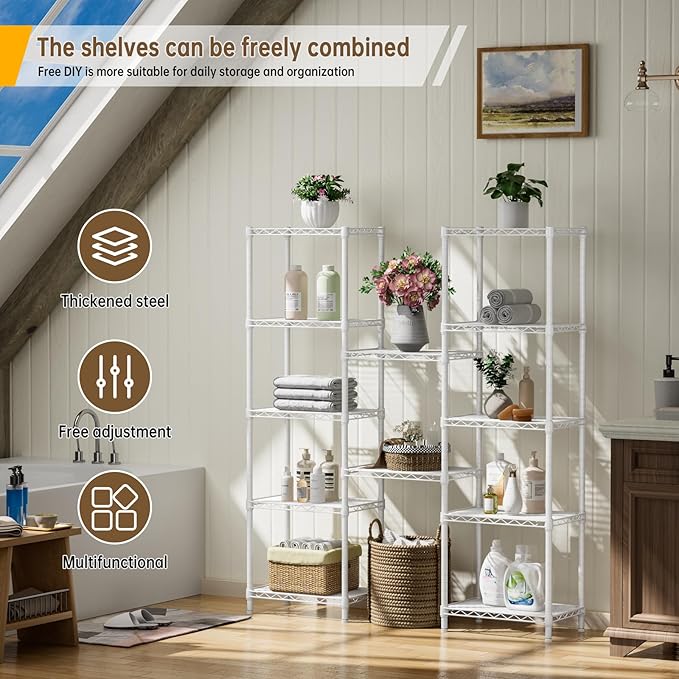 Golpart Small 6 tire Shelves Storage Wire Shelving Unit Metal Shelf Adjustable Organizers Storage Shelving for Bathroom Laundry Room Kitchen Pantry10”D x 16”W x 60”H White