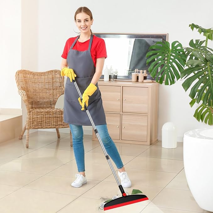 Multifunction Silicone Broom, 54 Inch Long Handle Silicone Floor Squeegee Broom, Sweep and Scrape 2 in 1 Household Cleaning Broom for Floor, Bathrooms, Kitchens, Showers, Tile, Pet Hair,Black Red