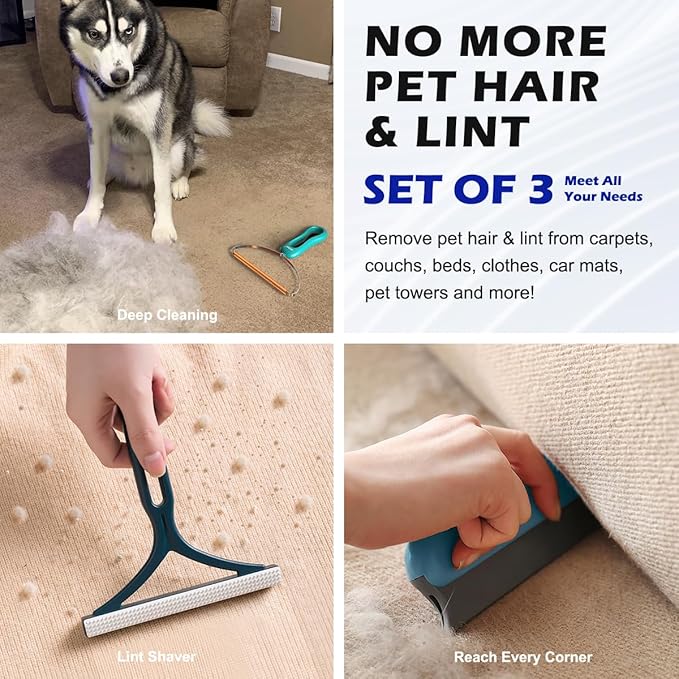 Pet Hair Remover 3-Pack, Dog Cat Hair Remover, Lint Shaver Cleaner Pro, Fur Removal Tool, Portable Carpet Scraper, Fuzz Rollers Hairball Brush for Carpets, Clothes, Car Mats, Couch, Pet Bed, Furniture
