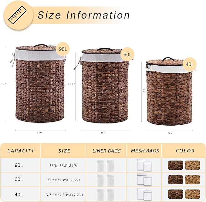 Round Water Hyacinth Laundry Hamper with Lid Handwoven Wicker Basket with Handles for Dirty Clothes, Storage, and Organization, No Assembly Required, 40L