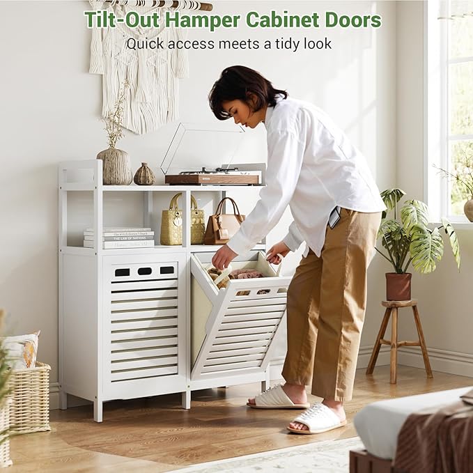 Homykic Tilt Out Laundry Hamper Cabinet, Bamboo Double Laundry Hamper with 2 Removable Laundry Baskets, 20 Gal Laundry Sorter Organizer with Shelf for Dirty Clothes, Bathroom, Laundry Room, White