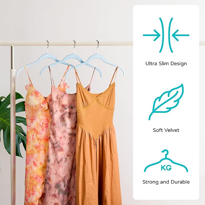 Sishynio Velvet Hangers 50 Pack – Slim Non-Slip Flocked Clothes Hangers with Notches, Space-Saving Durable Hangers for Dresses, Coats, Blouses(Blue)