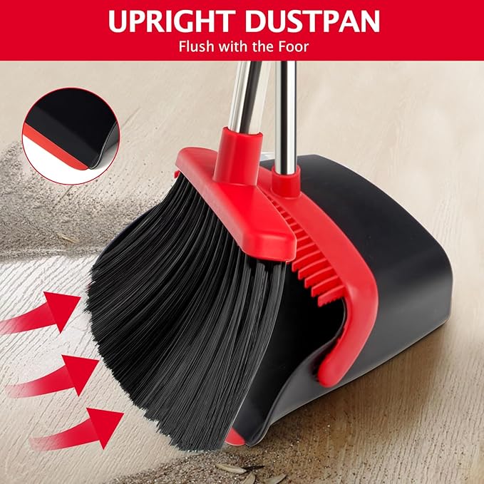 Broom and Dustpan Set with Long Handle, Heavy Dust Broom and Dustpan Combo for Home，Kitchen, Office, Pet Hair (Black Red)
