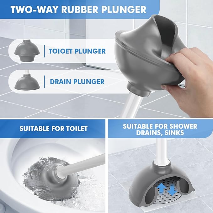 Toilet Plunger and Brush with Holder, Bowl Brush and Heavy Duty Toilet Plunger Set with Ventilated Holder, 2-in-1 Toilet Brush and Plunger Combo for 5.3-inch Toilet Drain New Pack (White, 1)