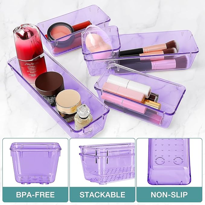 StorMiracle 13 PCS Drawer Organizer Set, 5 Varied Size Bathroom and kitchen Drawer cabinet organizer Trays, Clear Storage Bins for Makeup, Jewelry, Utensils and Gadgets, Purple