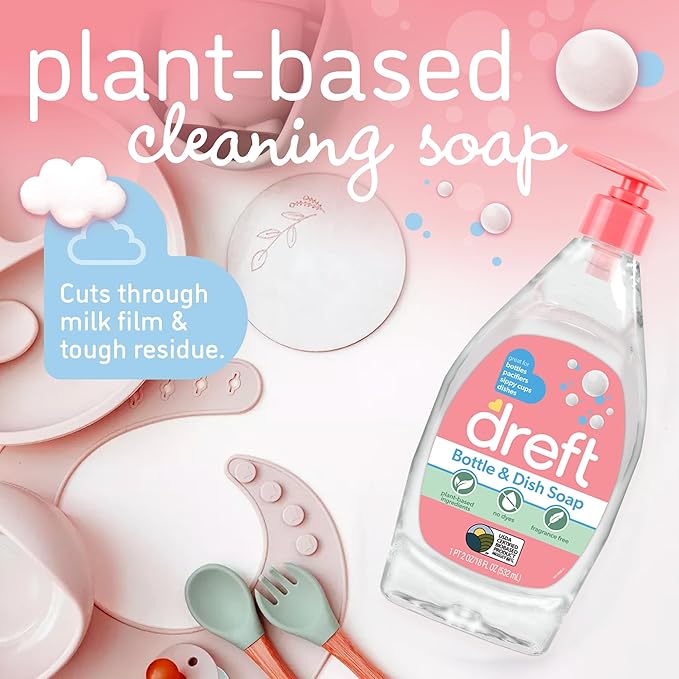 Dreft Baby, Bottle and Dish Soap, Removes Milk Film & Odor, Plant Based, Fragrance Free, Travel Size Bottles, 24 Fl Oz (Pack of 2)