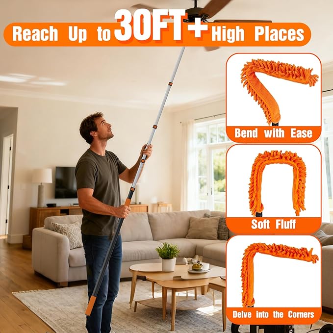 36FT Reach Duster Cleaner Kit, Dusters for Cleaning with Extension Pole, Baseboard & Wall and Window Cleaner Mop for Fan Blades, High Ceiling and Cobweb