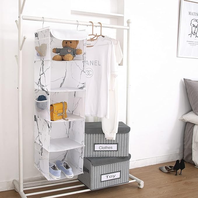 BrilliantJo 5 Shelves Hanging Closet Organizer, 2 Pack Hanging Storage with 6 Side Pockets for Clothes Shoes, 43"x12"x12"(Marblizing)