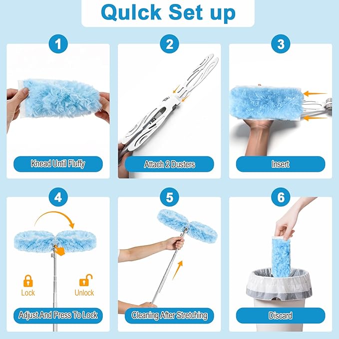 6 ft Extendable Duster Handle with 20 Refills, Duster with Extension Pole, Disposable Microfiber Dusting Pads for Home Cleaning,High Ceiling, Fan, Window, Hard-to-Reach Areas