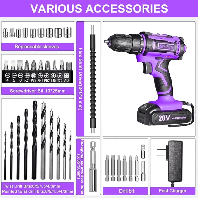 Purple Cordless Drill Set,20V Drill Driver with Battery and Charger,3/8-Inch Keyless Chuck, Variable Speed,with Drills Bits Set
