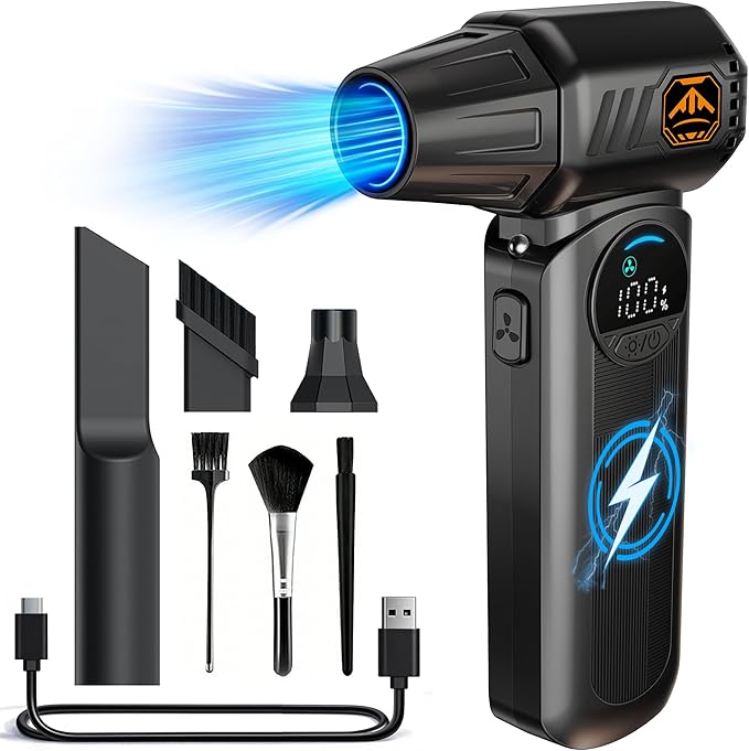 Compressed Air Duster 150000 RPM, Cordless Electric Air Blower with LED Light, 8000mAh Battery and Multi Nozzles for Computer, Keyboard, Car Interior & Electronics Cleaning (Black)