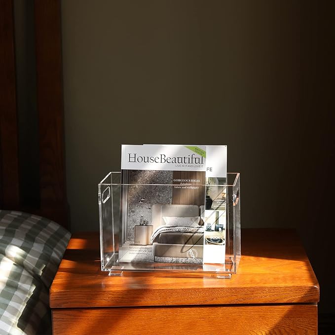 Crystal Clear Acrylic Magazine Holder,Space Saving Magazine Rack, Book Basket, Storage Organizer Bin for Living Room, Bathroom, Home Office, Newspapers