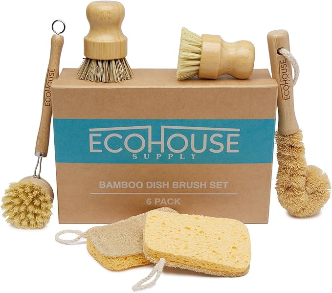 ECOHOUSE SUPPLY™ Bamboo Dish Brush Set – 6-Piece Natural Fiber Kitchen Brush Set with Loofah Sponges (No Bleach), Sisal & Palm Scrubbers – Non-Toxic, Eco-Friendly, Plastic-Free Dish Cleaning Brushes.