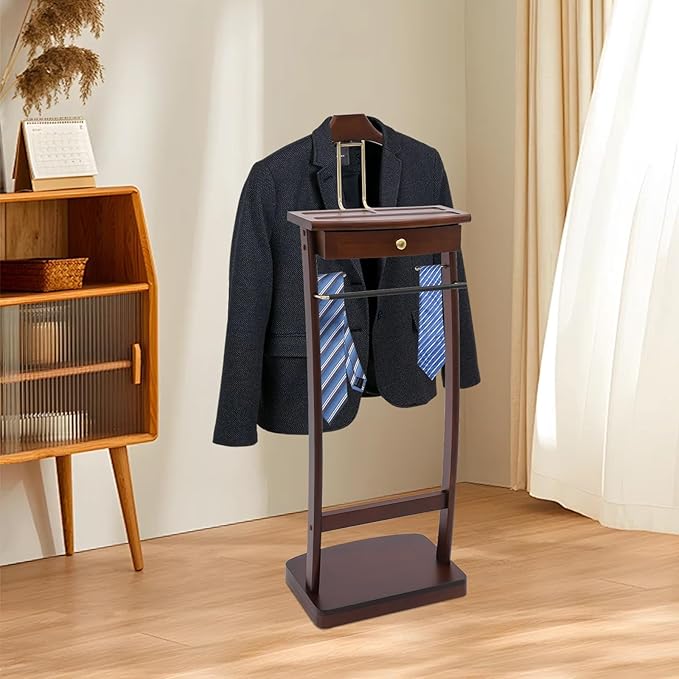 Valet Stand for Man and Women, Wood Suit Rack Suit Valet Stand with Top Tray, Storage Drawer, Bottom Shoe Rack, Freestanding Clothes Rack for Living Room, Bedroom, Office, Black (Walnut Color)