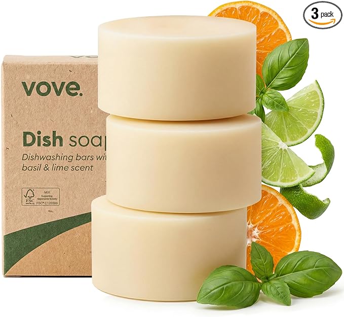 Vove Dish Soap Bar 3 Pack, Coastal Citrus Mint, Mandarin, Spearmint, Cypress & Bergamot Oils, Coconut Cleanser, Plant-Based Solid Dish Soap, Zero-Waste, Plastic-Free, FSC-Certified Kraft Packaging