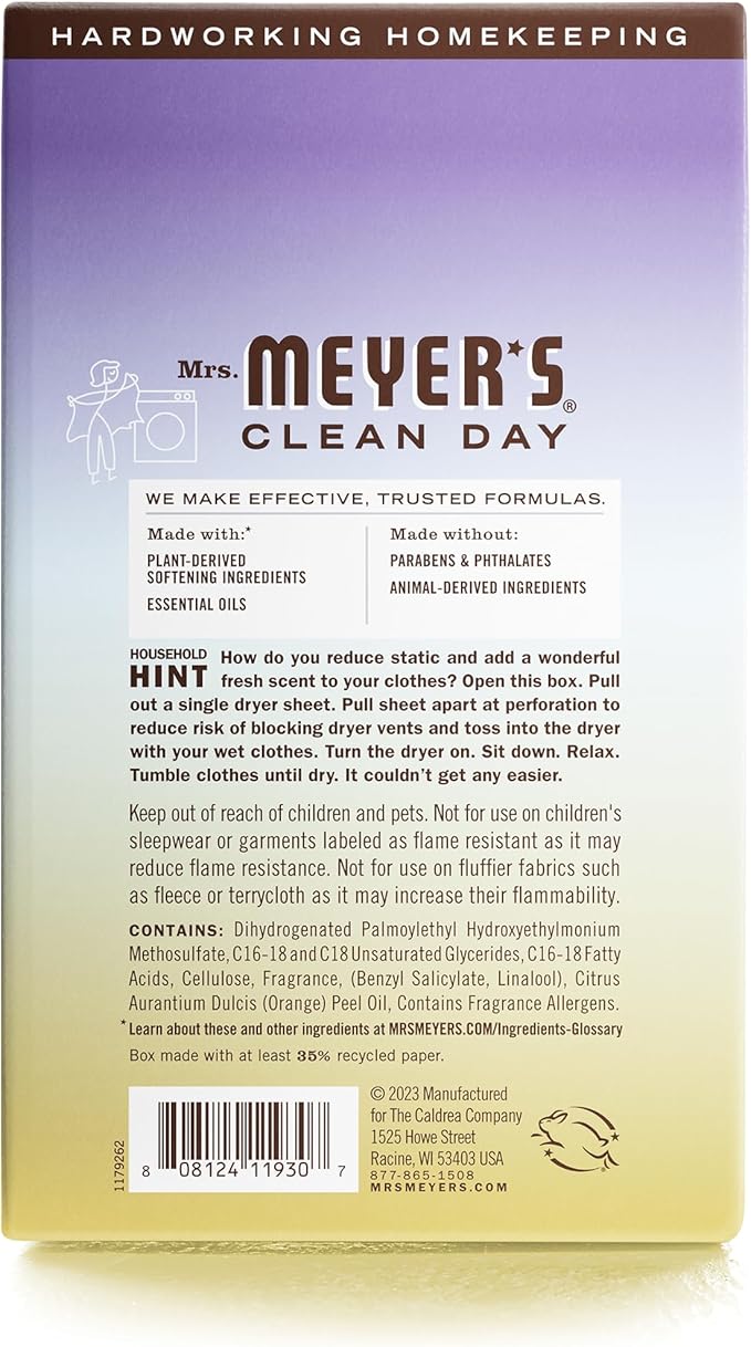 MRS. MEYER'S CLEAN DAY Dryer Sheets, Fabric Softener, Reduces Static, Infused with Essential Oils, Compassion Flower, 80 Count (Pack of 3)