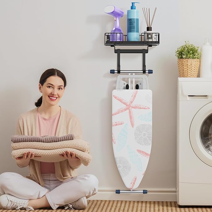 ORLESS Ironing Board Hanger Metal Wall Mount Iron and Ironing Board Holder, Laundry Room Decor and Storage with Large Storage Black Wooden Base Basket