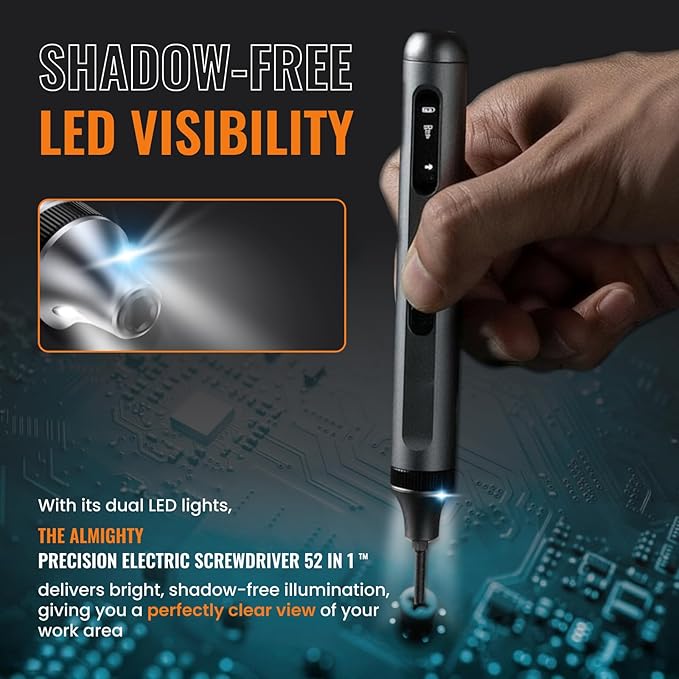 Precision Electric Screwdriver 52-in-1 Kit | Cordless Mini Power Driver for Electronics, PC & Laptop Repair | Compact Rechargeable Automatic Tool Set with Magnetic Bits