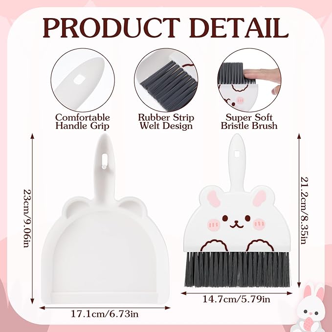 Ouligay Portable Mini Dustpan and Brush Set,Cute Small Broom and Dustpan Set with Durable Brush,Lightweight Dust Pan and Broom Set for Desktop Small Space Cleaning(White Rabbit)