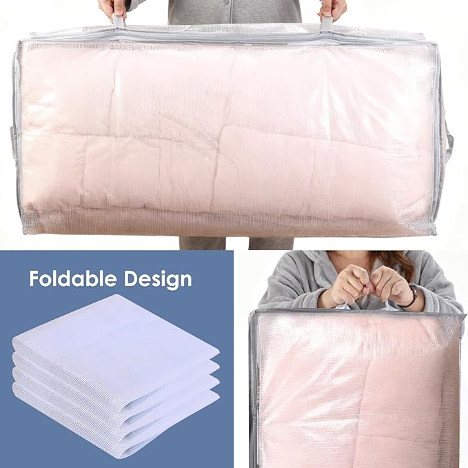Fixwal 4pcs 90L Under Bed Storage Containers Bins Clear Closet Underbed Organizers and Storage for Blanket, Clothing, Sweaters, Pillows, Linen Sheets with Sturdy Handle and Zippers