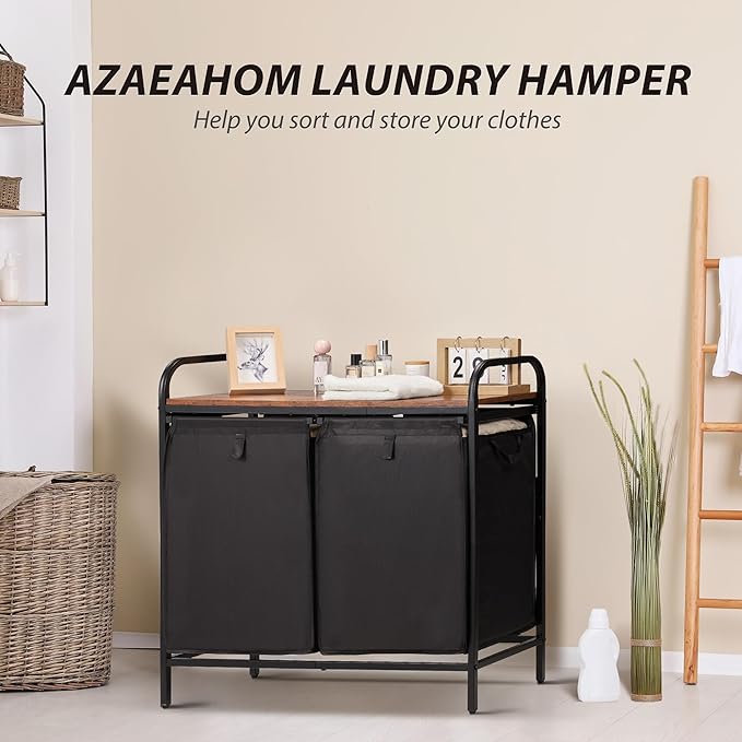 2 Section Laundry Hamper with Shelf, Laundry Basket Organizer with 2 Pull-Out Removable Bags 2×13.2Gal(49.9L), Laundry Sorter for Clothes Organization in Bedroom, Laundry Room, Brown
