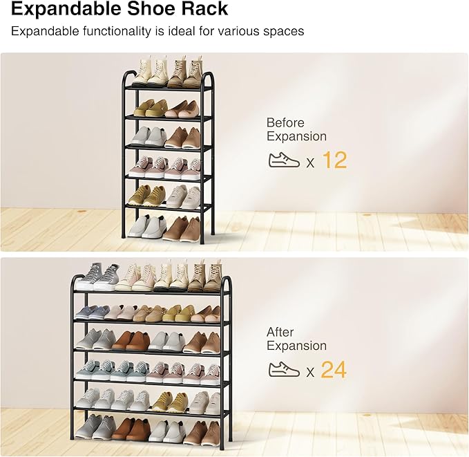 STO STO Expandable Shoe Rack, 5-Tier Metal Shoe Rack for Closet, Up to 24 Pairs Adjustable Shoe Rack Storage for Front Door Entrance, Free Standing Shoe Rack Organizer for Entryway, Black