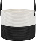 JMvicyroam 115L Extra Large Blanket Basket for Living Room - Woven Cotton Rope Laundry Hamper with Reinforced Handles - Storage Bin for Pillows, Comforters & Toys - Machine Washable,White&Black