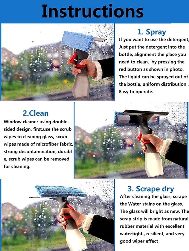 3 in 1 Window Cleaner Squeegee,Microfiber Window Washer,Glass Cleaning Tool Wiper with Spray Bottle for Home Window, Car Window