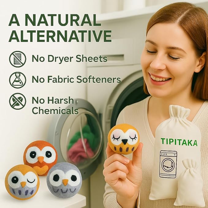 Laundry Felt Wool Dryer Balls – 6 XL Pack, Replaces Dryer Sheets, Eco-Friendly, Natural Fabric Softener, Reusable & Chemical-Free, Reduces Drying Time, 1000+ Loads, Made in Nepal