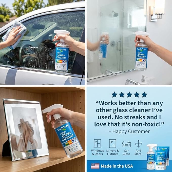 Truly Free Natural Glass Cleaner - Removes Dirt & Debris for Sparkling Clean Windows & Glass Surfaces at Home, Office & Garage, Includes: 1 Refillable Empty Bottle (16oz) & 2 Refills (3oz ea)